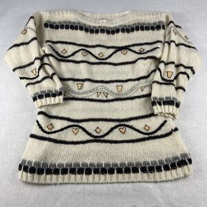 Adolfo Sweater Womens Small Cream Black Knit Metallic Wool Blend Long Sleeve VTG
